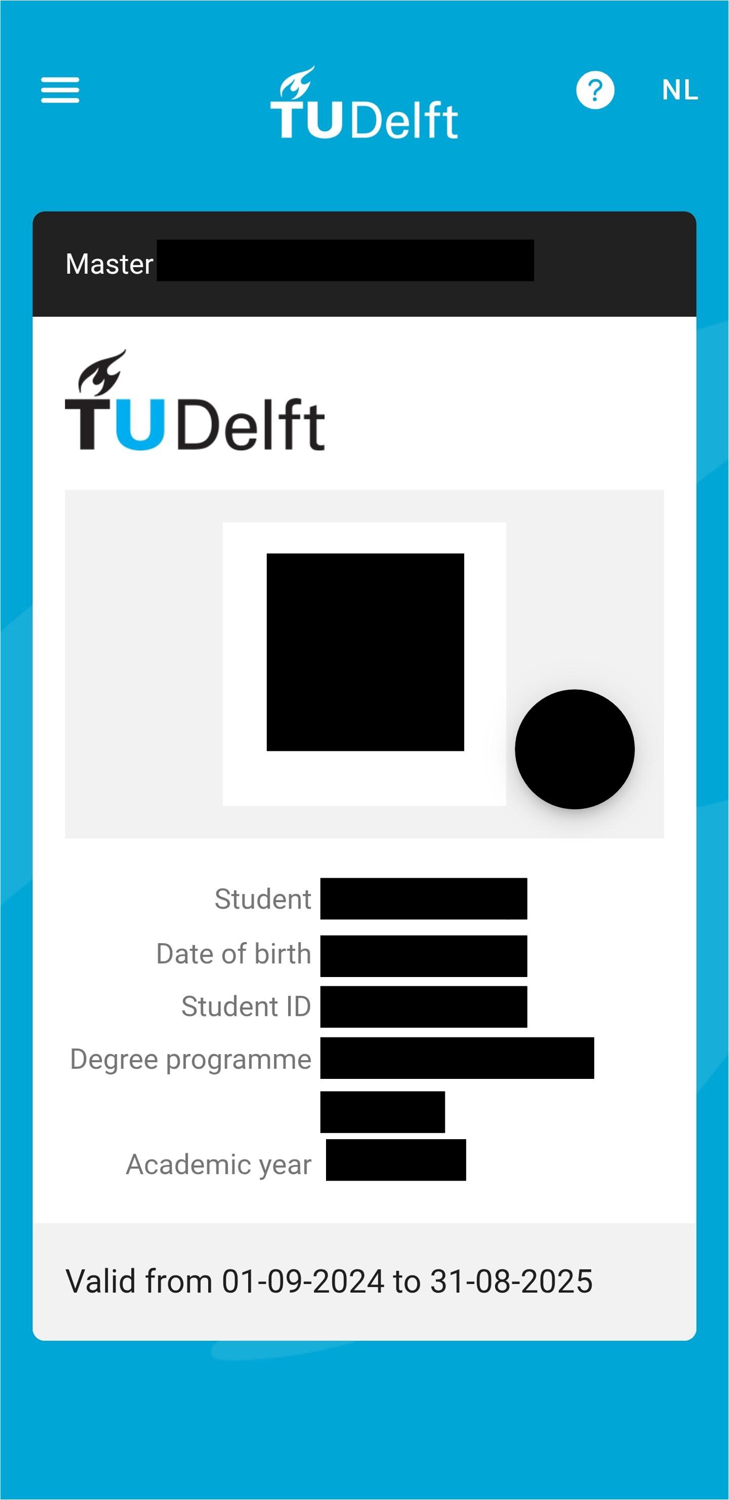 Example proof of enrollment My TUDelft app